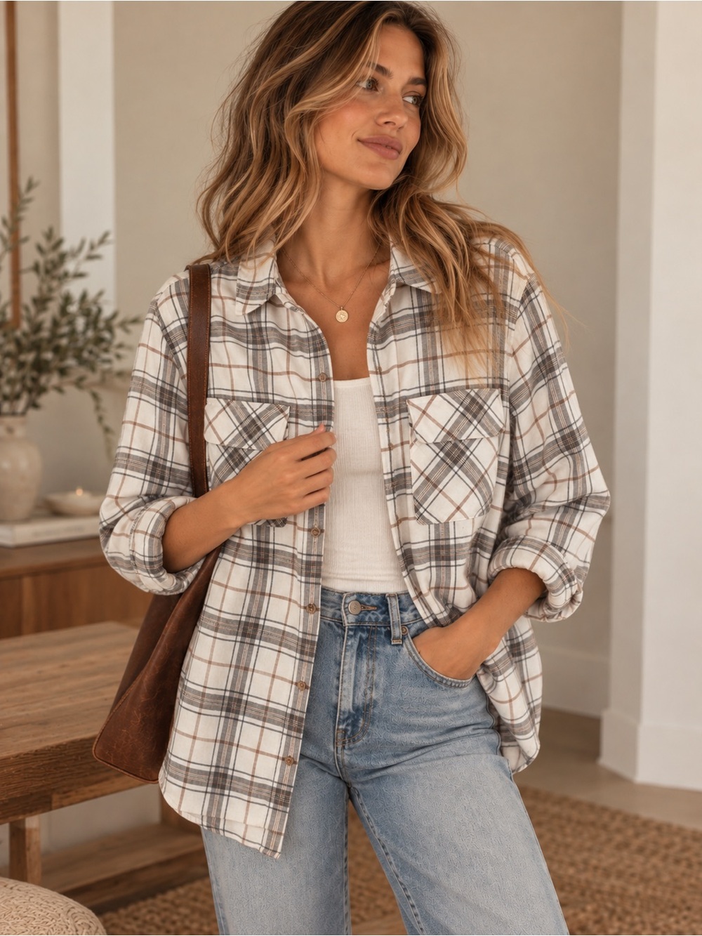 Abercrombie & Fitch Plaid Flannel Shacket Cream Gray Oversized XS